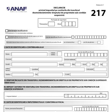 Document preview: Declarație privind impozitul pe veniturile din transferul dezmembrămintelor dreptului de proprietate sub condiție suspensivă (OPANAF 396/2025) — Declarații impunere, România (CERFA n°217_OPANAF_396_2025)